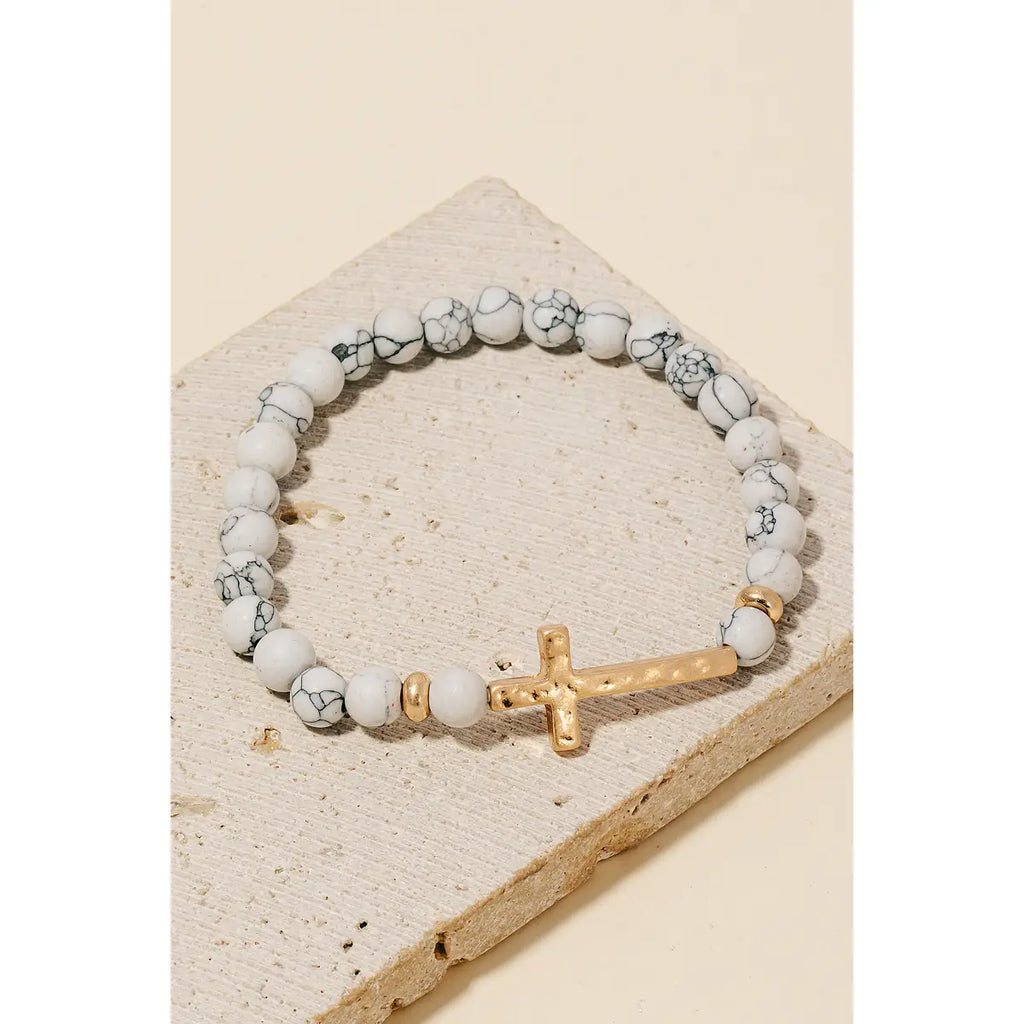 Cross Charm Natural Howlite Beaded Bracelet