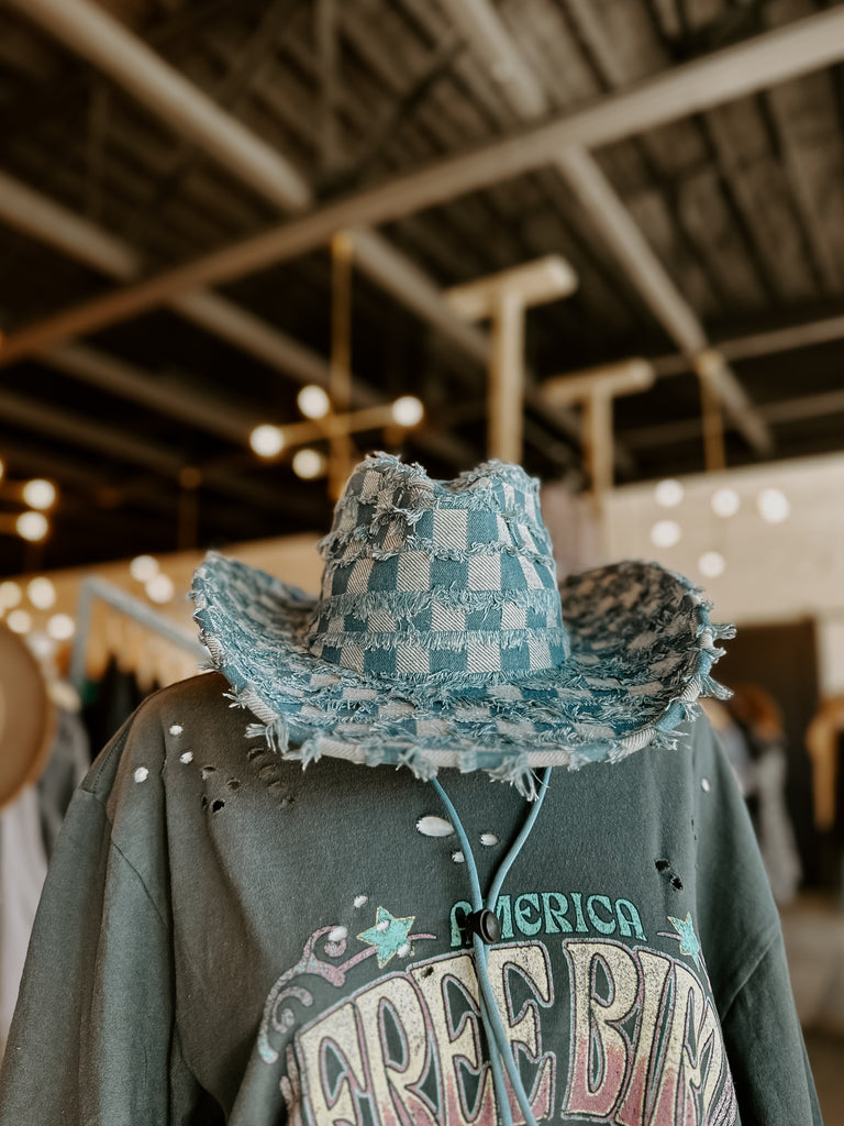 Checkered Fringe Denim Cowboy Hat