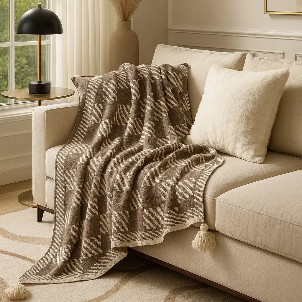 Khaki-Ivory Check Striped Throw